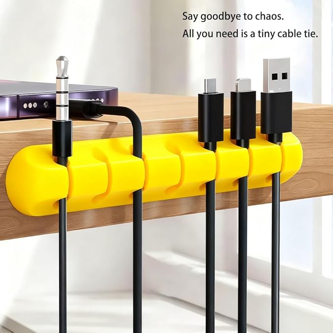 Cable Holder Clips，5 Packs Yellow Cable Management Cord Organizer Clips Silicone Self Adhesive for Desktop USB Charging Cable Nightstand Power Cord Mouse Cable Wire PC Office Home(7-5-3-2-1 Slots)
