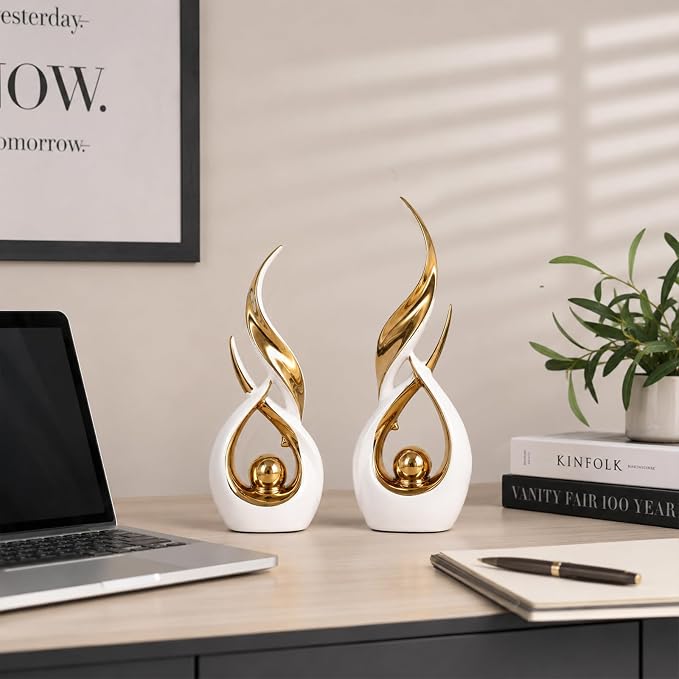 2 PCS White Gold Ceramic Statues For Home Decor Accents, Modern Abstract Art Sculptures, Elegant Tabletop Decorative Objects For Dining Room, Entryway, Tv Stand, Mantel, Coffee Table Centerpieces