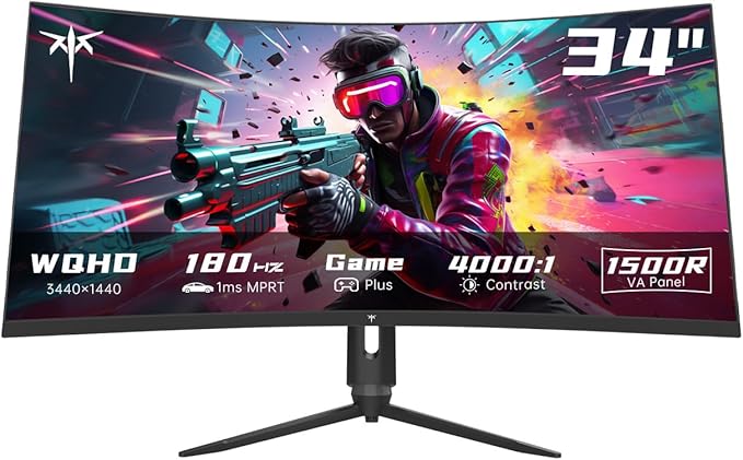 KTC 34 Inch Ultrawide Monitor, 180Hz WQHD 3440X1440 Curved Gaming Monitor, 1500R PC Monitor, HDR, FreeSync & G-Sync, HDMI, DisplayPort, VESA, Tilt Swivel Height Pivot Adjustment, H34S18S