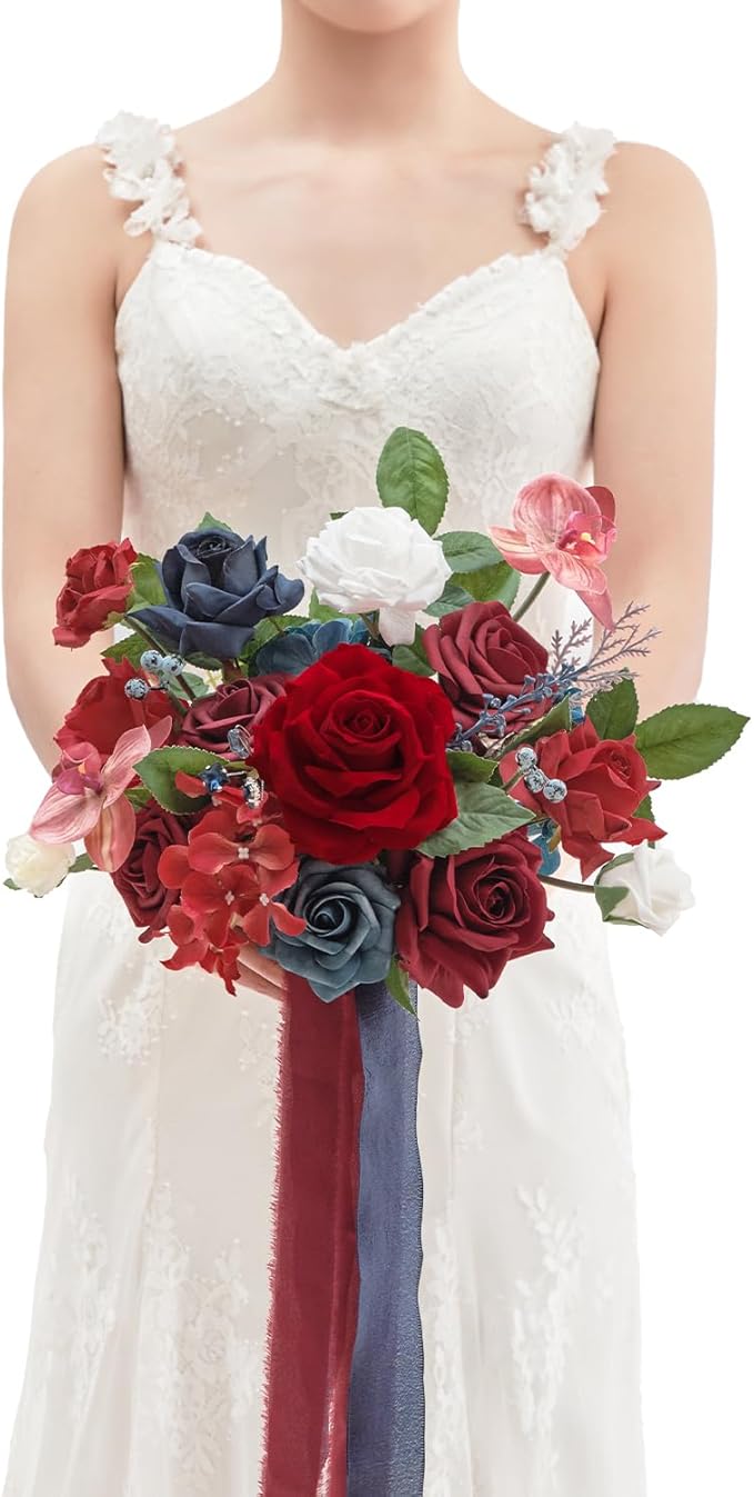 TINGE TIME 9 inch Bridal Bouquets for Bride, Artificial Silk Flowers Tossing Bouquet, Bride Bouquets for Wedding,Ceremony, Anniversary (Red&NavyBlue)