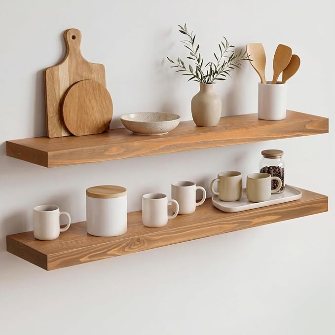 Homeforia 30 inch Golden Oak Floating Shelf, High End Solid Real Wood 30inch Small Floating Shelves for Wall Mounted, Oak Wooden 30in Floating Shelves, Heavy Duty Bracket, 30 X 6.5 X 1.75 in, Set of 3