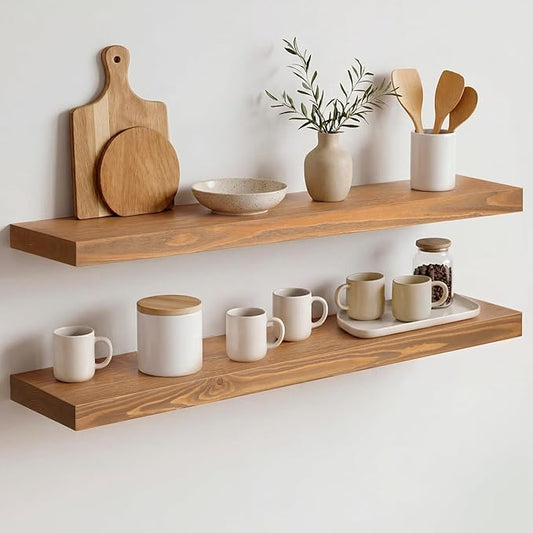 Homeforia 30 inch Golden Oak Floating Shelf, High End Solid Real Wood 30inch Small Floating Shelves for Wall Mounted, Oak Wooden 30in Floating Shelves, Heavy Duty Bracket, 30 X 6.5 X 1.75 in, Set of 3