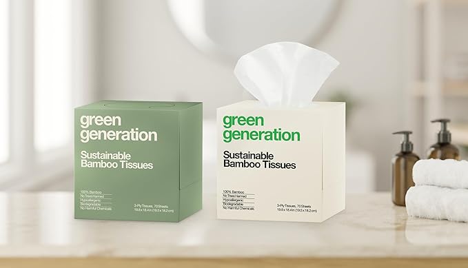 Green Generation Bamboo Facial Tissues Cube Boxes - 3-Ply, 70 Sheets/Box, 12 Multicolor Face Tissue Boxes, 840 Unscented Organic Soft Paper Facial Tissuefor Daily Use - Hypoallergenic,FSC Certified