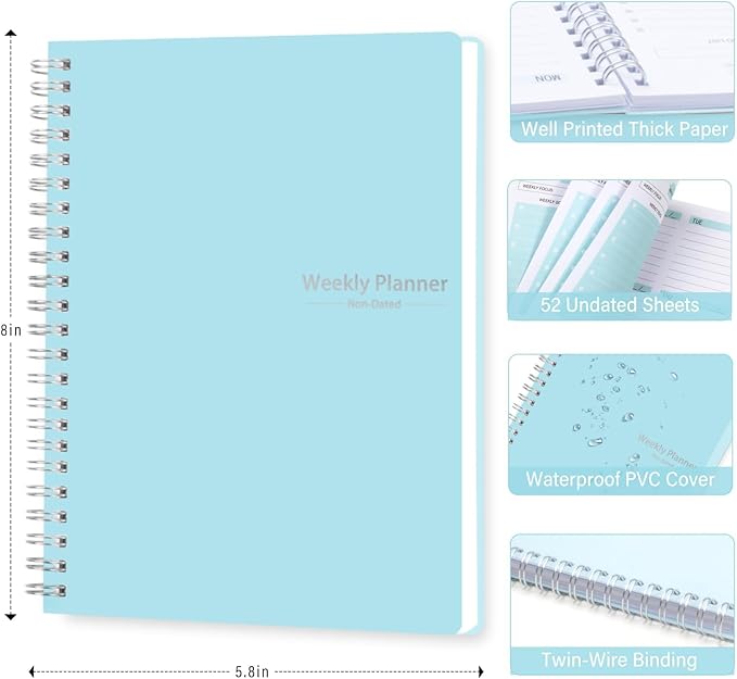 Undated Weekly Planner- Weekly Goals Notebook, A5 To Do List Planner, Habit Tracker Journal with Spiral Binding, 5.7 x 8.0 inches