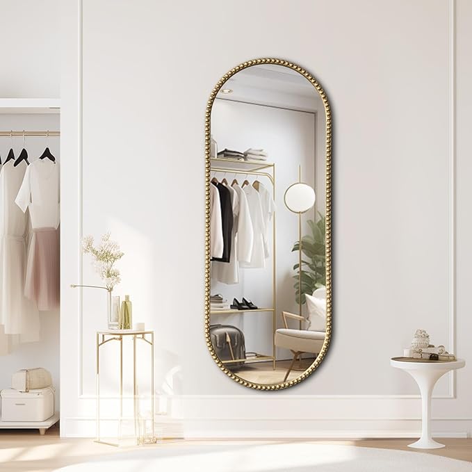 Antique Gold Full Length Mirror Vintage Oval Full Body Mirror Hanging Dressing Beaded Wall Mounted Mirror Decorative Wall Mirrors for Entryway Bedroom 53"X20"