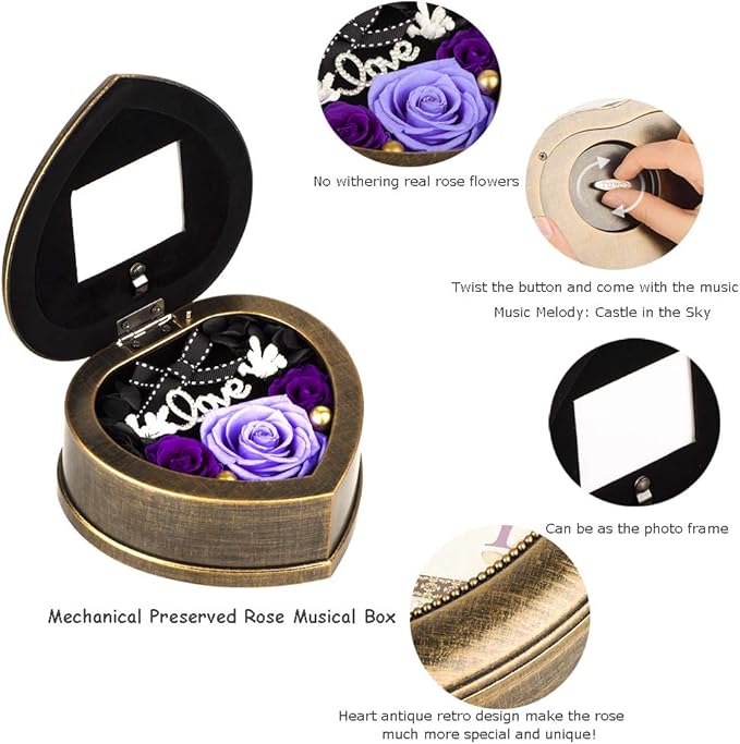 Handmade Preserved Flower Real Purple Rose in Musical Box with Photo Frame, Mother's Day Long Lasting Real Flower Gifts for Her Women Wife on Valentine's Day Birthday or Anniversary -Purple