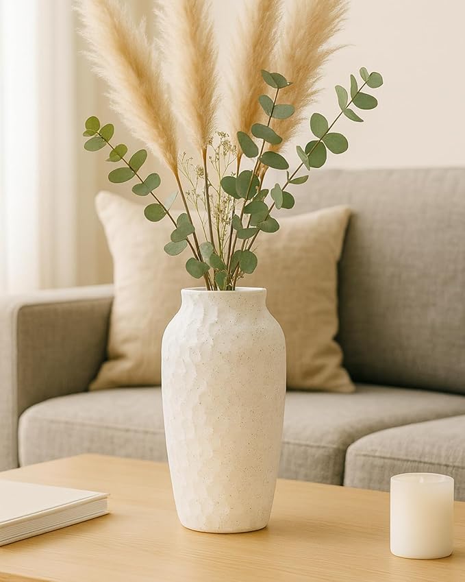 White Ceramic Vase for Flowers, Textured Speckled Hammered Finish Decorative Vase for Living Room, Table Centerpiece & Modern Home Decor
