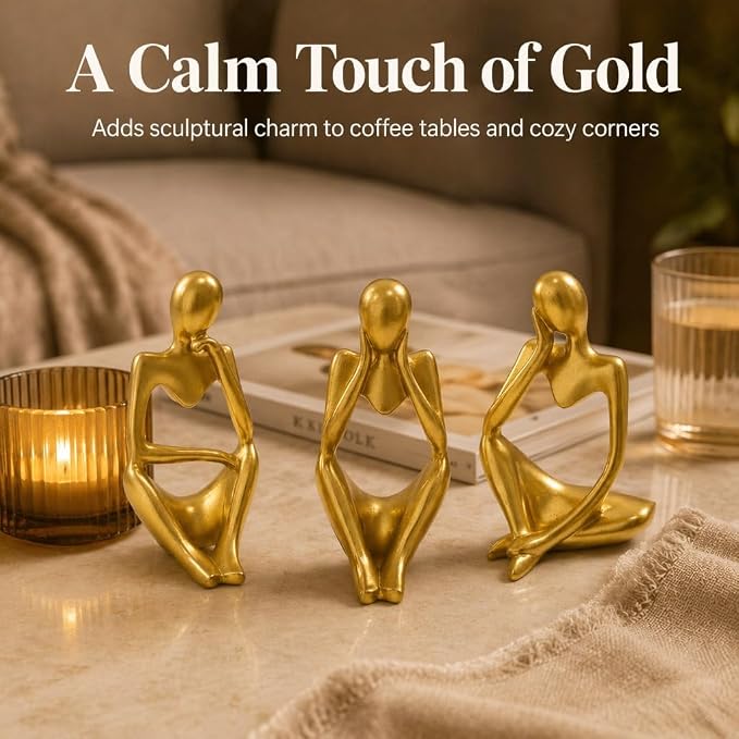 Gold Thinker Statue Set of 3 - Abstract Resin Figurines for Home Decor, Modern Art Sculpture for Office Desk, Bookshelf, Living Room, Minimalist Tabletop Decoration (5 inches)