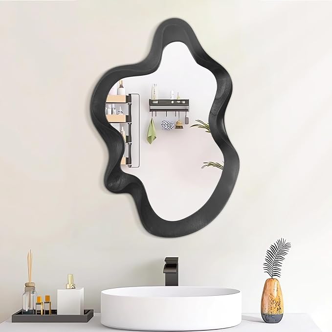 Large Irregular Wavy Mirror Modern Cloud Wall Mirror Asymmetrical Wooden Framed Wall Mirror Wall Mounted Unique Shape Vanity Artistic Mirror Decor for Bedroom Living Room Bathroom Entryway