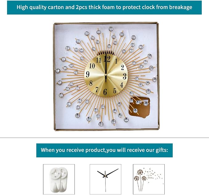 Large Wall Clocks for Living Room Decor Modern Gold Silent Wall Clock Battery Operated Non-Ticking for Bedroom Kitchen Home Decorative 14 Inch Round Metal Crystal Wall Watch for Office