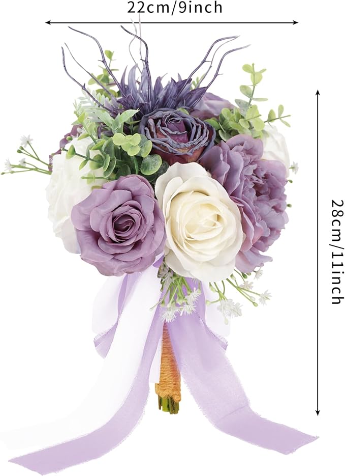 Bridesmaid Bouquets for Wedding 1 Pack - 9 Inch Artificial Flowers Bouquets for Ceremony Anniversary Centerpieces Decorations - Dusty Purple