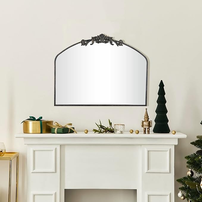 Black Arched Mirror 40"X31", Vintage Antique Baroque Mantel Mirror with Black Brush Gold Metal Frame, Ornate Wall Decor for Entryway/Fireplace/Living Room/Hallway/Bathroom/Bedroom