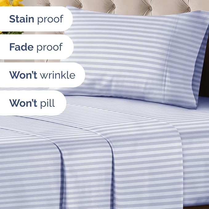 Sky Blue and White Striped Sheets - 1 Flat & 1 Fitted Sheet & 1 Pillowcase w/ Deep Pockets - Comfy, Wrinkle & Fade Resistant - Soft, Breathable & Cooling - Pinstripe Patterned Bedding - Twin Size