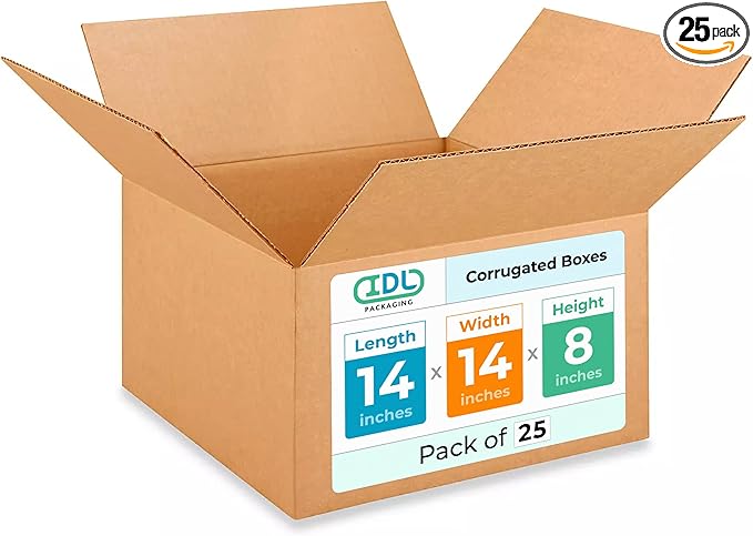 IDL Packaging Medium Corrugated Shipping Boxes 14"L x 14"W x 8"H (Pack of 25) – Excellent Choice of Sturdy Packing Boxes for USPS, UPS, FedEx Shipping – Easy-to-Recycle Cardboard Boxes for Packaging