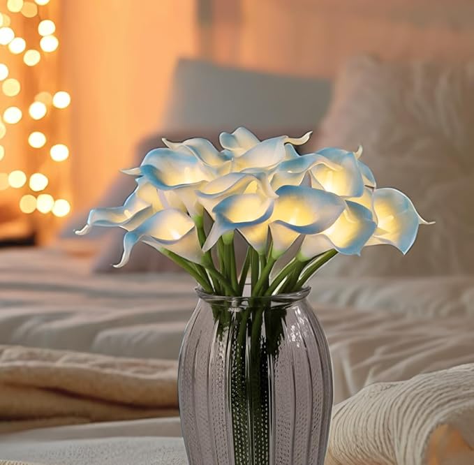 20pcs Lighted Artificial Calla Lily Bouquet Lamp Faux Floarl Night Light Real Touch Flower Night Lamp LED Calla Lily Lighted Artificial Flower for Holiday Home Kitchen Decor(Light Blue)