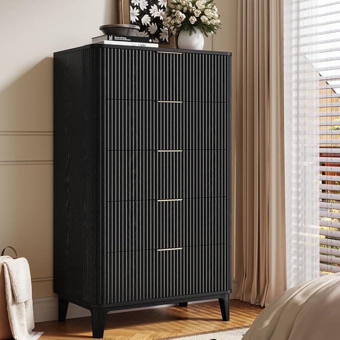 Fluted 5 Drawers Dresser for Bedroom, 45" Modern Tall Chest of Drawers with Wood Grain, Farmhouse Wooden Vertical Dresser, Curved Profile Design, Wood Drawer Organizer for Closet, Hallway Black