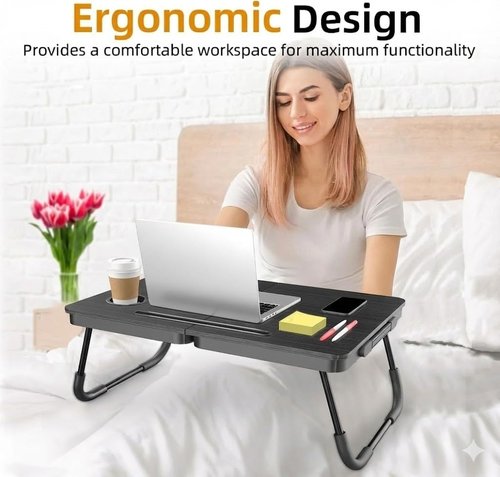 BUYIFY Foldable Laptop Bed Desk - Large Portable Tray Table with Cup Holder & Tablet Slot | Ideal for Eating, Writing, Studying (Black)