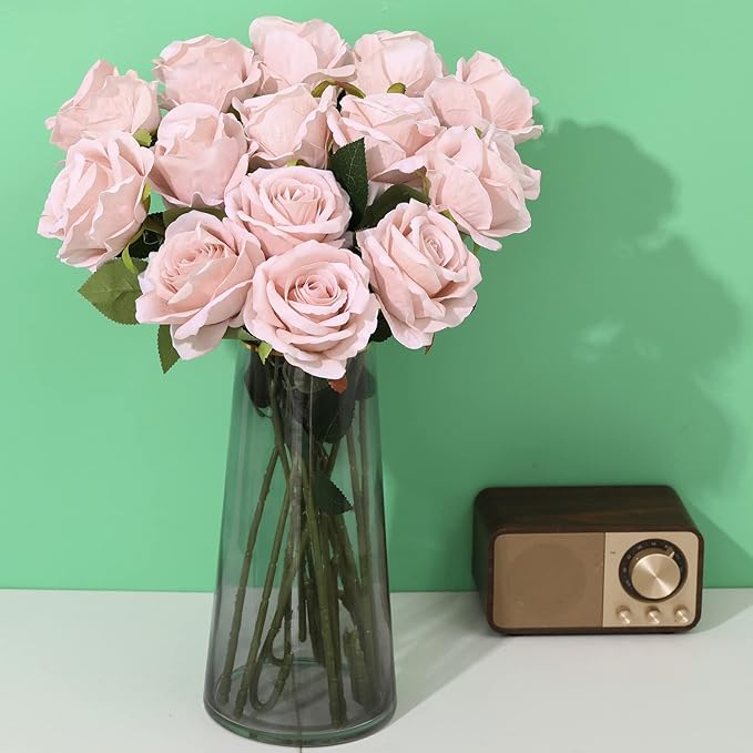 15Pcs Pink Roses Artificial Flowers Fake Roses Long Stem Velet Rose Silk Flowers for Home Wedding Decoration (Round Roses,Pale Pink)