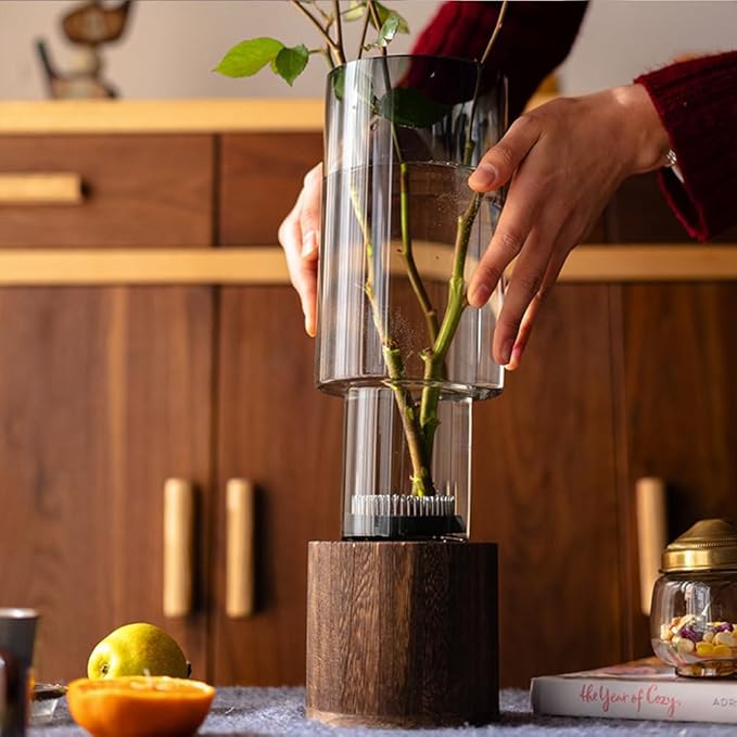 Artistic Wood Glass Vase, 12" H, Large Wooden Base Cylindrical Flower Vase, Classic Boho Rustic Style for Fireplace Bedroom Kitchen Living Room Centerpieces Office Desk