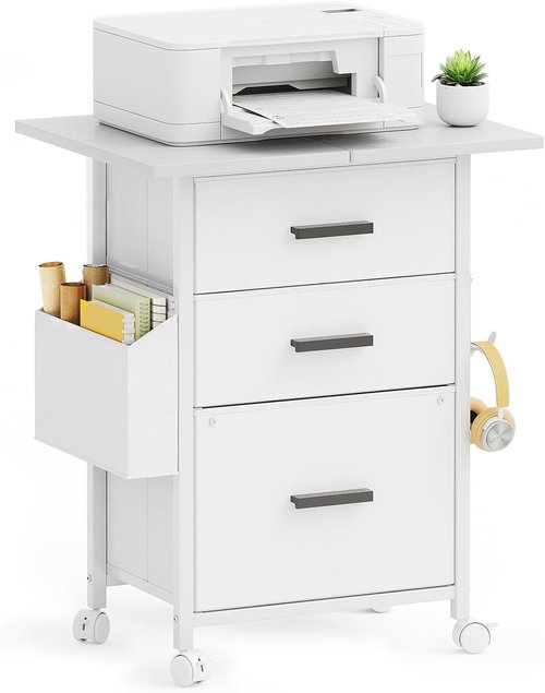 Mexin 3 Drawer File Cabinet - Mobile Printer Stand with 24'' Extended Desktop | White Fabric Drawers