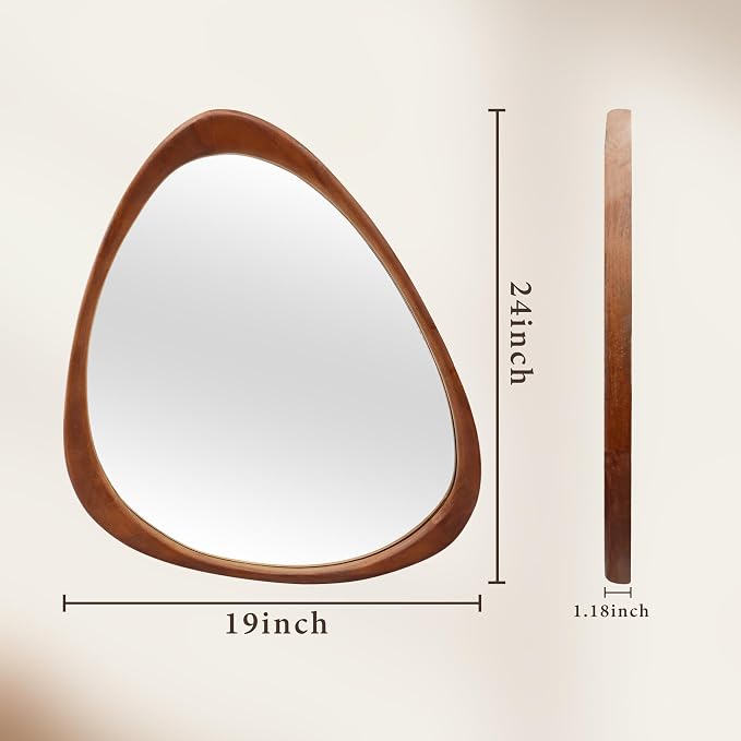 24''x19'' Asymmetrical Mirror with Wood Frame, Small Irregular Wall Odd Shaped Mirror Mid Century Modern Decor for Bedroom Living Room Entryway Hall