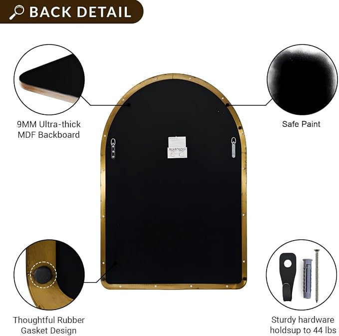 ANDY STAR Arched Mirror, 20 x 28 Inch Brushed Gold Wall Mirror in Stainless Steel Metal Frame, Arch Top Rounded Corner 1 Inch Deep Set Design Wall Mount Hangs Vertical