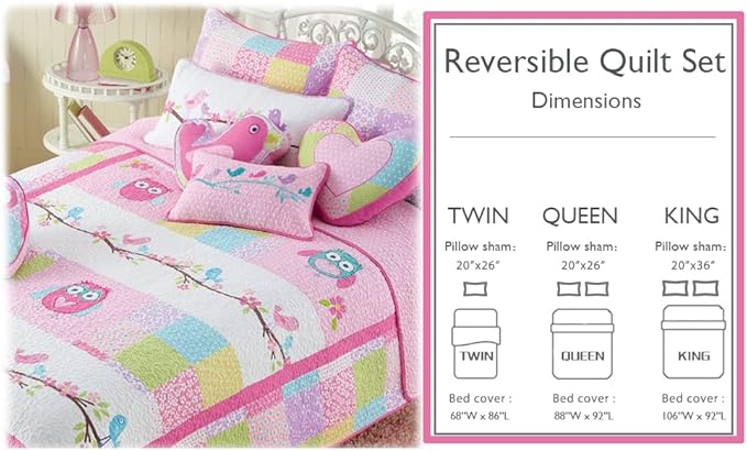 Cozy Line Home Fashions Cute Owl Pink Blue Green Embroidery 100% Cotton Reversible Girl Bedding Quilt Set, Coverlet, Bedspreads (Pink Owl, Twin - 2 Piece)