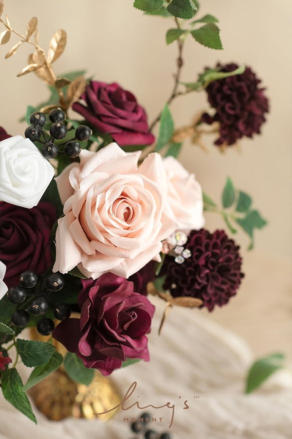 Ling's moment Burgundy Artificial Flowers and Greenery Mini Combo Box Set, Marsala & Blush Fake Flower for DIY Wedding Bridal Bouquet, Centerpieces Decor, Floral Arrangement Decor, etc.