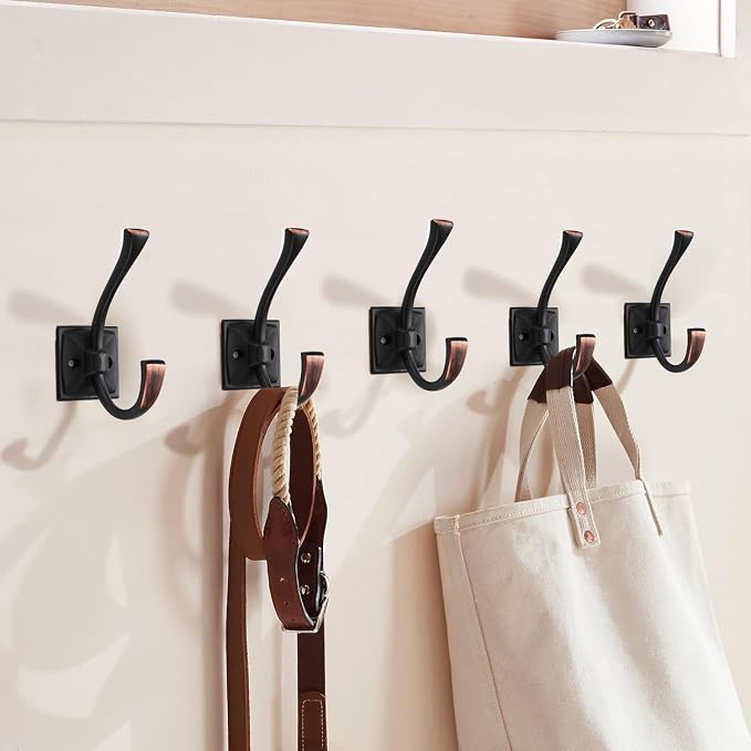 Large Wall Hooks 5 Pack Oil Rubbed Bronze Coat and Towel Hooks for Coats, Robes, Key and More - 4.35 Inch Double Hooks with Screws for Wall Mounting