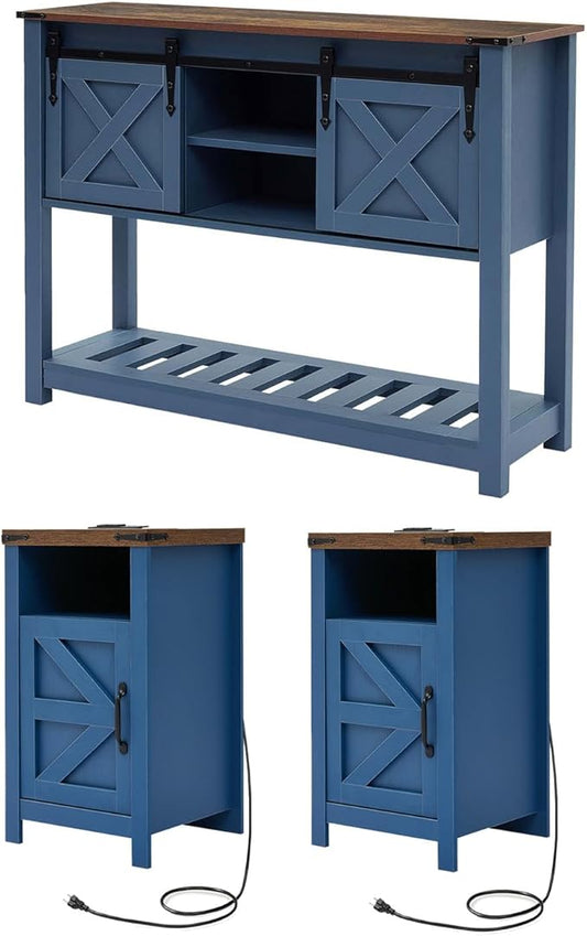 Farmhouse Living Room Table Set of 3, 2 Rustic End Table with Charging Station and 1 Sofa Table with Large Hidden Storage, Farmhouse Sofa Table Set for Living Room, Office, Blue