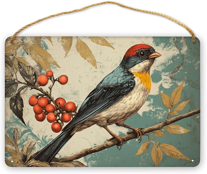 Vintage Bird Themed Wood Plaque Wooden Wall Decor 12x8 Inch Farmhouse Home Decor Entryway Kitchen Bedroom Nursery Art for Nature Lovers Rustic Hanging Decors