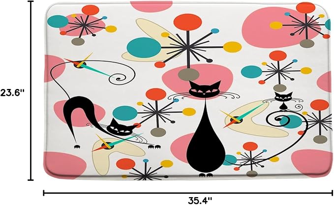 Mid Century Black Cat Bath Mat,Pink Teal Modern Atomic Geometric Bathroom Rug Shower Floor,Retro 50s 63s Vintage Bath Rug,Absorbent Doormat Bedroom Rug Kitchen Toilet