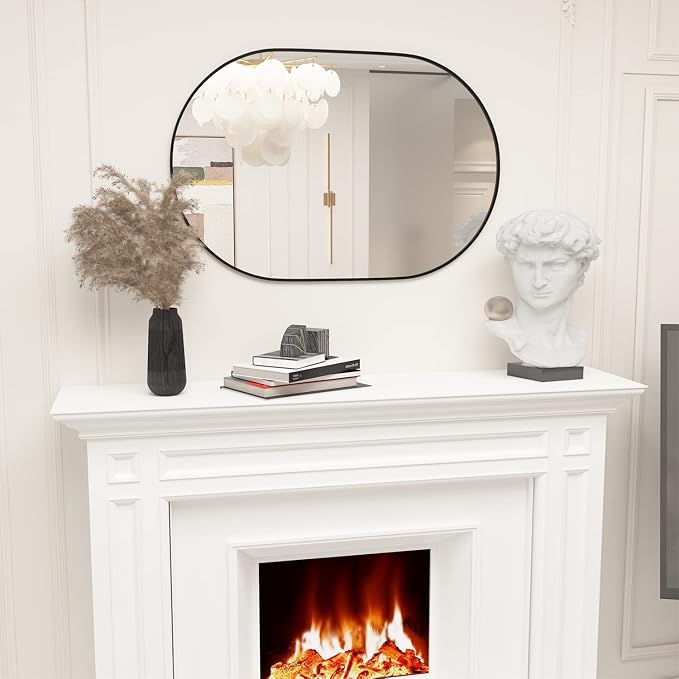 Oval Bathroom Mirror Capsule Wall Mirror, 24"x36" Black Vanity Wall Mounted Mirror, Large Modern Pill Mirrors with Metal Frame, Decor for Entryway, Bedroom, Living Room