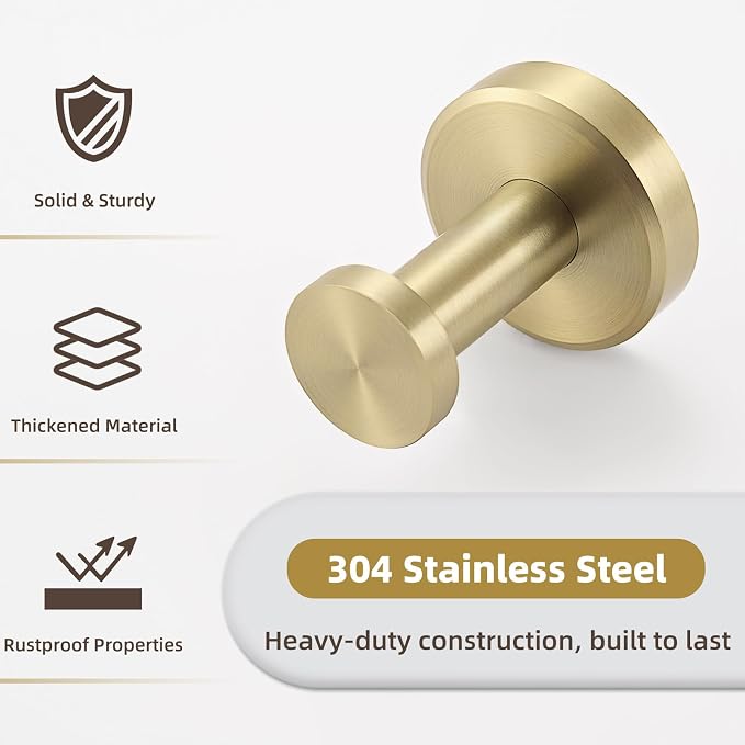 APLusee Brushed Gold Single Robe Wall Hook, 304 Stainless Steel Heavy Duty 11LBS Towel Hanger, Wall Mounted Towel Hook for Bathroom Kitchen Entryway