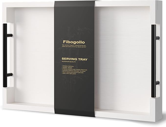 Fibogollo Bamboo Serving Tray with Metal Handles,15x10in Ottoman Decorative Trays Platter for Coffee Table,Living Room,Bar,Party,Mediuml(White)