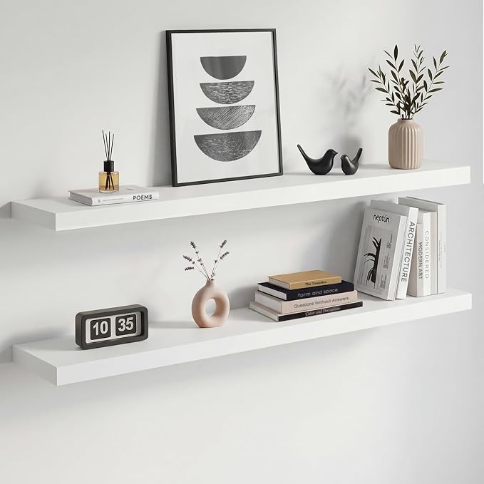 Homeforia White Floating Shelves 42 inch, High End Solid Real Wood 42inch Floating Shelf for Wall Mounted, White Wooden 42in Long Floating Shelves, Heavy Duty Bracket, 42 X 6.5 X 1.75 inches, Set of 2