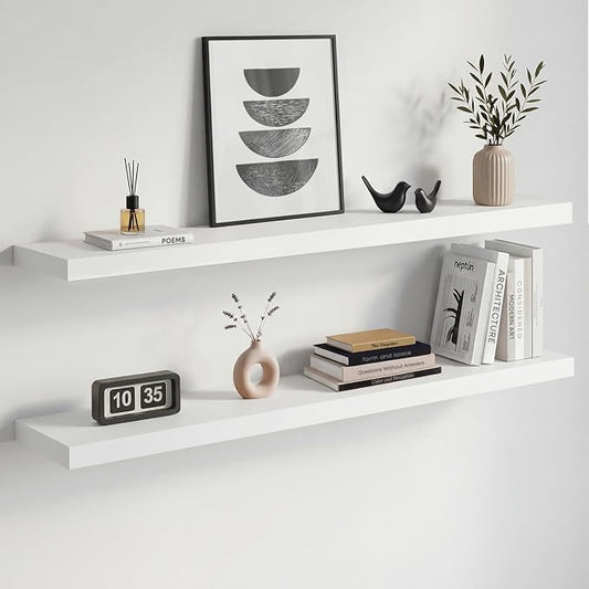 Homeforia White Floating Shelves 42 inch, High End Solid Real Wood 42inch Floating Shelf for Wall Mounted, White Wooden 42in Long Floating Shelves, Heavy Duty Bracket, 42 X 6.5 X 1.75 inches, Set of 2
