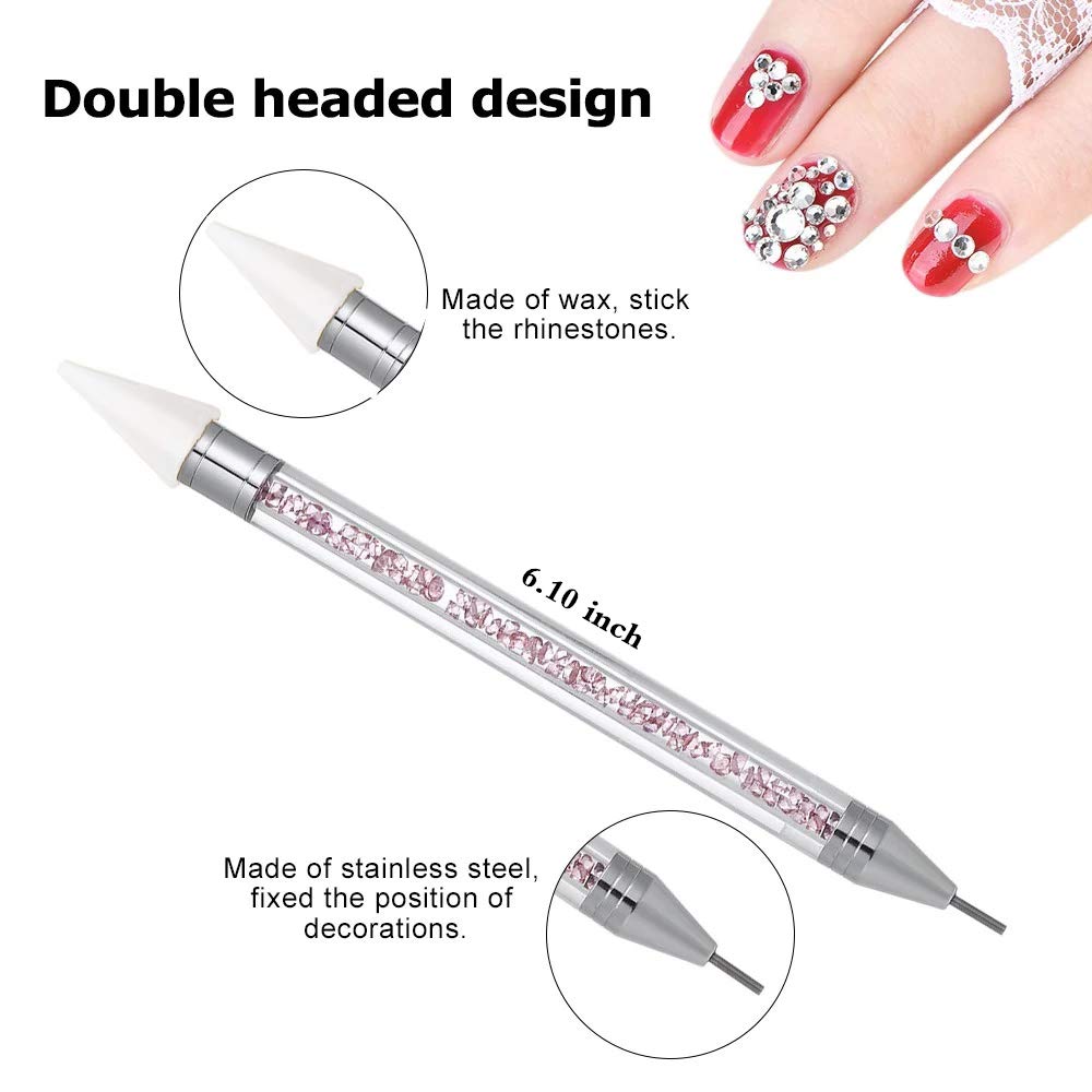 Skiennix Nail Rhinestone Picker Tool - Dual-Ended Design with Extra Wax Heads | Pink Acrylic Handle