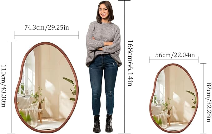 Irregular Wall Mirror Asymmetrical: Abstract Wood Frame 32x22 inch | Unique Vanity Glass Mirrors, Cloud-shape, Horizontal Vertical Hanging, Sleek Entryway Accent