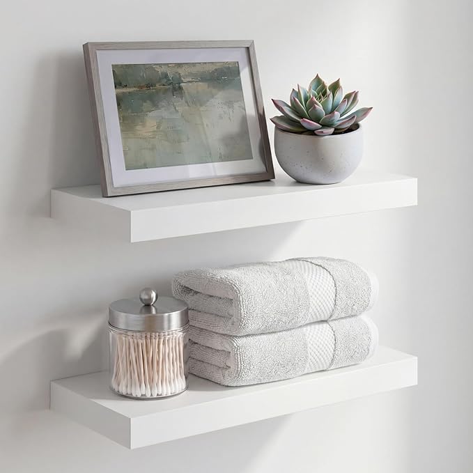 Homeforia White Floating Shelves 16 inch, High End Solid Real Wood 16inch Bathroom Floating Shelf for Wall Mounted, White Wooden 16 Floating Shelves, Heavy Duty Bracket, 16 X 6.5 X 1.75 inch, Set of 2