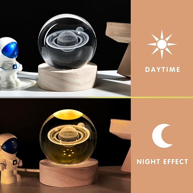 3D Saturn Crystal Ball with LED Stand, 60mm Glass Sphere Decorative Balls Lamp, Space Planet Model Galaxy Night Light Gifts for Women Kids