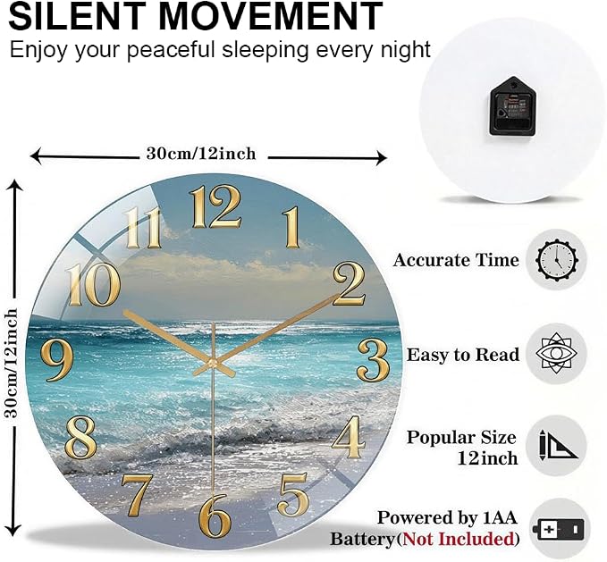 12 Inch Ocean Beach Glass Wall Clock Silent Coastal Art Decor | Silent glossy wall clock featuring a stunning ocean beach scene, perfect for adding a coastal vibe to living room or bedroom