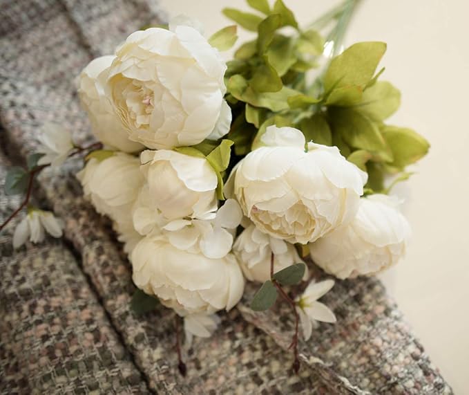 Fule 2 Pack Large Artificial Peony Silk Flower Bouquets Arrangement Wedding Centerpieces (Cream White)