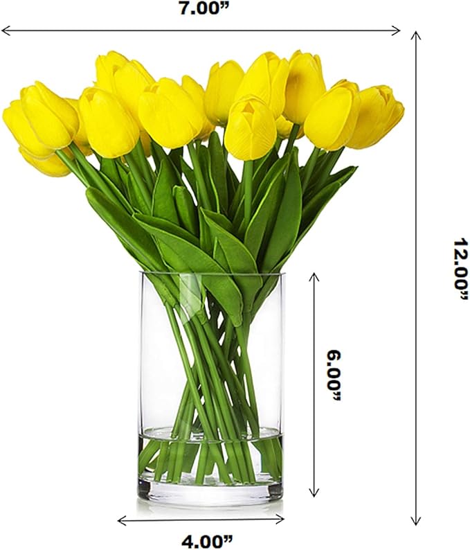 ENOVA HOME 20 Pieces Artificial Real Touch Tulips Flower Arrangement in Glass Vase with Faux Water for Home Decoration (Yellow)
