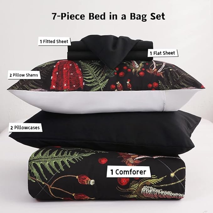 7 Piece Mushroom Comforter Set Full/Queen Size Mushroom Bedding Set Bed in A Bag 3D Plants Colorful Red Black Boho Quilt Set for Kid Boys Girls Teens Woman Adults All Season