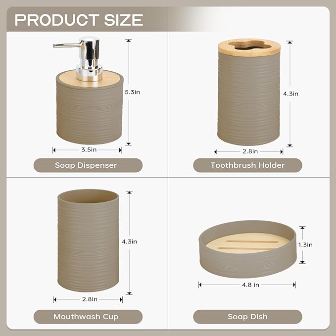 4 Pieces Bamboo Bathroom Accessories Set, Bathroom Accessory Set with Soap Dispenser and Toothbrush Holder, Soap Dish and Toothbrush Cup, Boho Bathroom Decor(Beige)