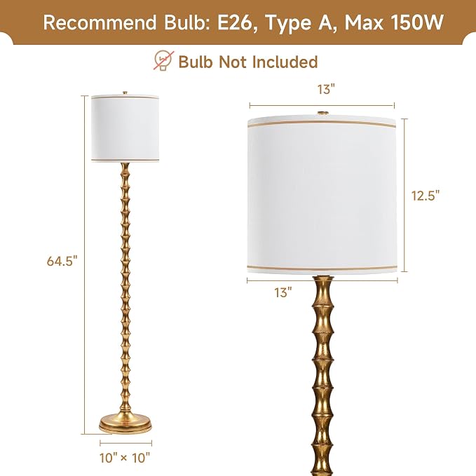 EUO 64.5" Gold Floor Lamp for Living Room, Gold Bamboo Floor Lamps for Bedroom, Tall Skinny Lamp for Home Decor, Mid Century Antique Floor Lamps with White Lampshade