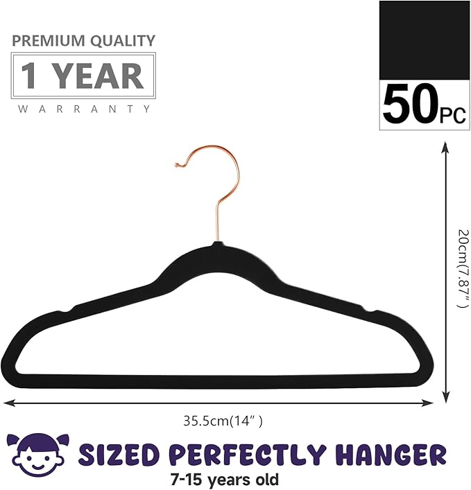MIZGI Kids Velvet Hangers,Non-Slip Big Kids Hangers,14 Inch Hangers for Youth,Teen Clothes,Pack of 50