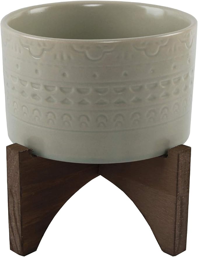 Flora Bunda 5 Inch Mayan Ceramic Planter on Wood Stand Mid Century,Matte Sage 5"