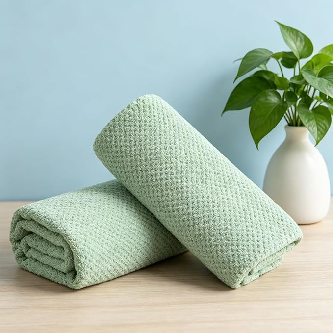 2 Pcs Green Hand Towel Set 16"x31" Soft Highly Absorbent Quick Dry Bathroom Towels Polyester Plush Towels Set Woven Towels for Bathroom Kitchen Hotel Spa Gym